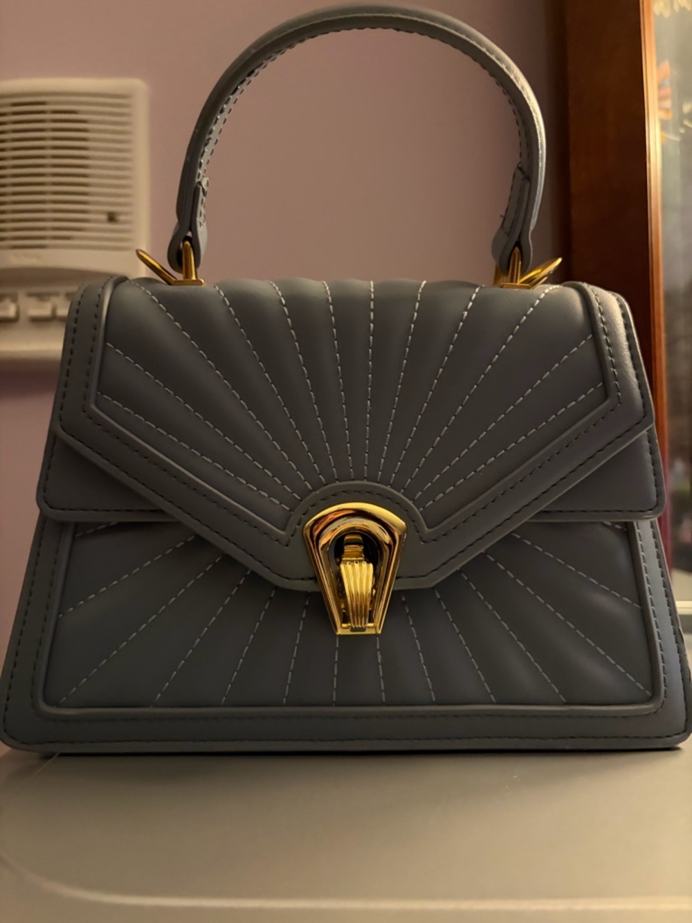 Structured Top-Handle Satchel in Slate Blue with Gold Accent